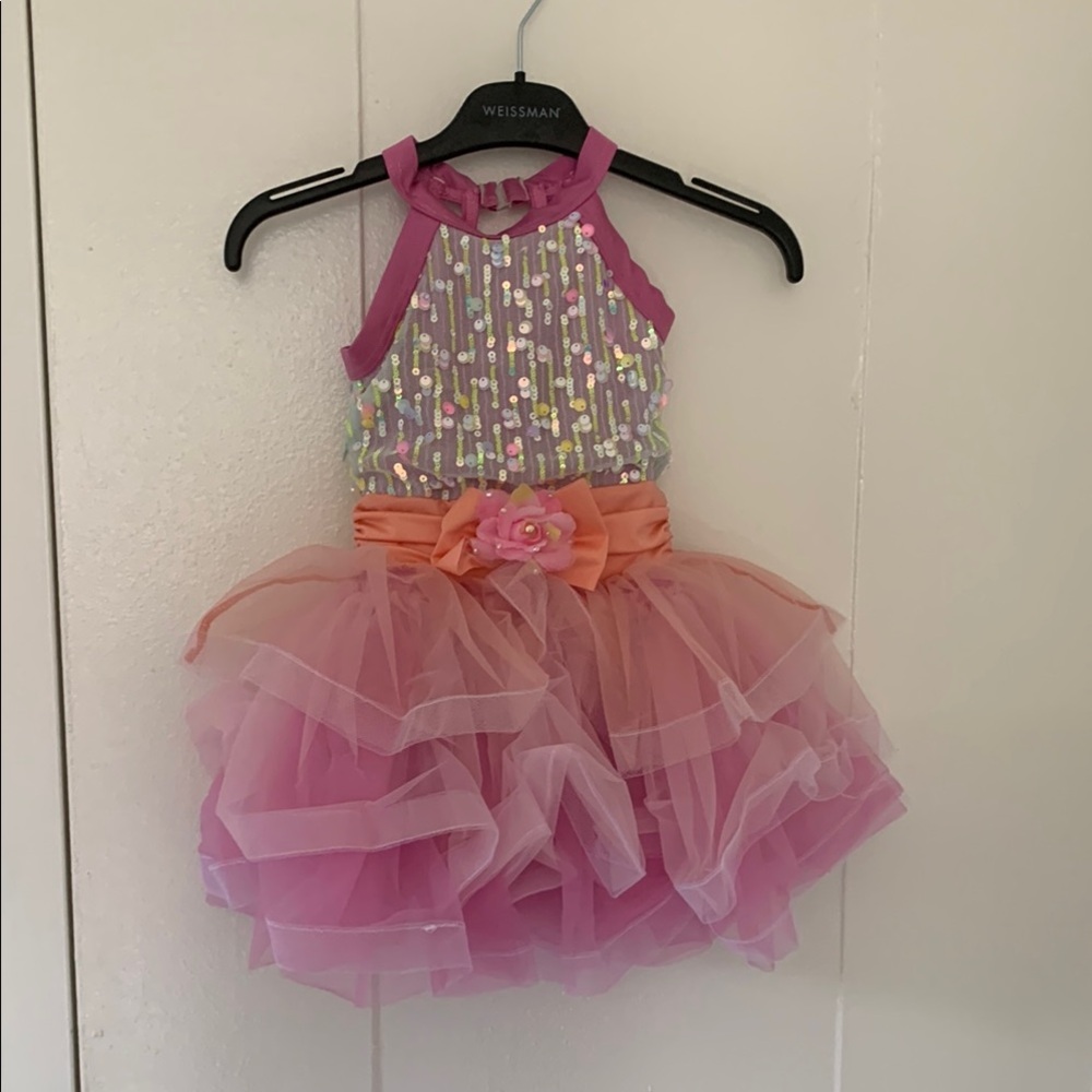 Weissman Pink and Orange Dance Costume with Sparkly Halter Top